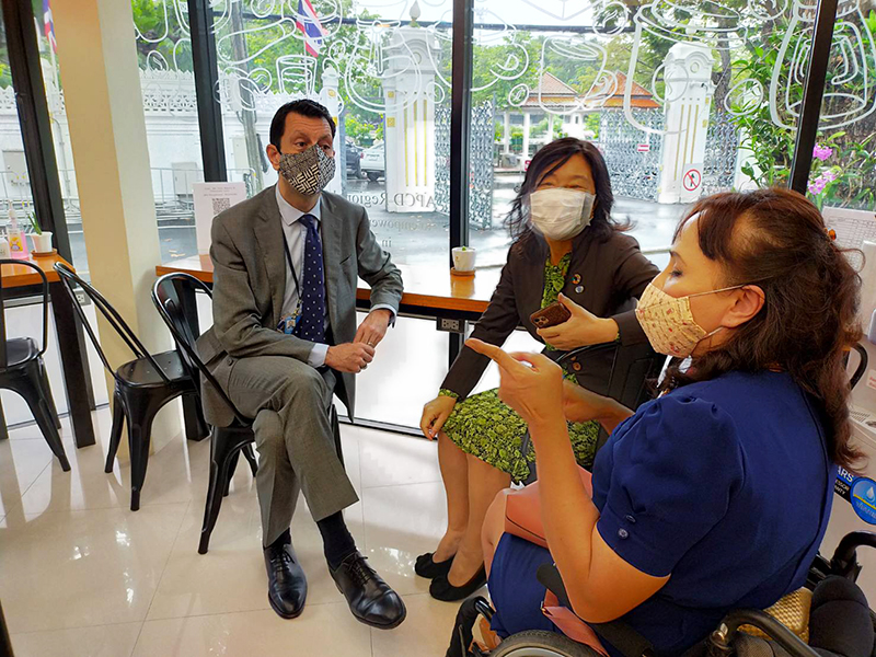 Ms. Nongnuch Maytarjittipun, Executive Secretary to the Executive Director, (right) explained the background, purposes and expected outcomes of the new branch of APCD to Mr. Kaveh Zahedi, Deputy Executive Secretary of UNESCAP, and Ms. Aiko Akiyama, Social Affairs Officer, Gender Equality and Social Inclusion Section of UNESCAP.