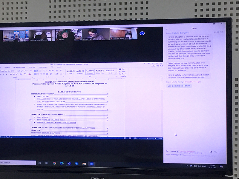 1.	Representatives from JICA Thailand Office, Japanese Resource Persons team, and APCD provide inputs on content preparation to produce a user-friendly manual for parents/family members of children with disabilities.