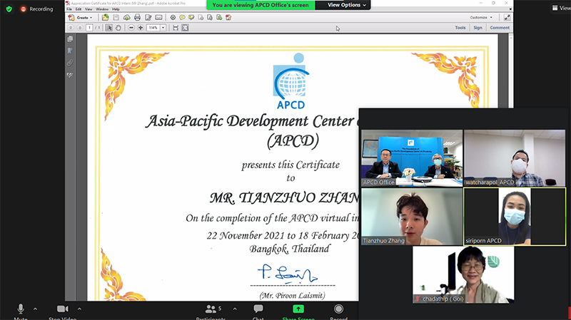 Ms. Siriporn Praserdchat, Logistics Officer, facilitated the virtual certificate presentation to Mr. Zhang.