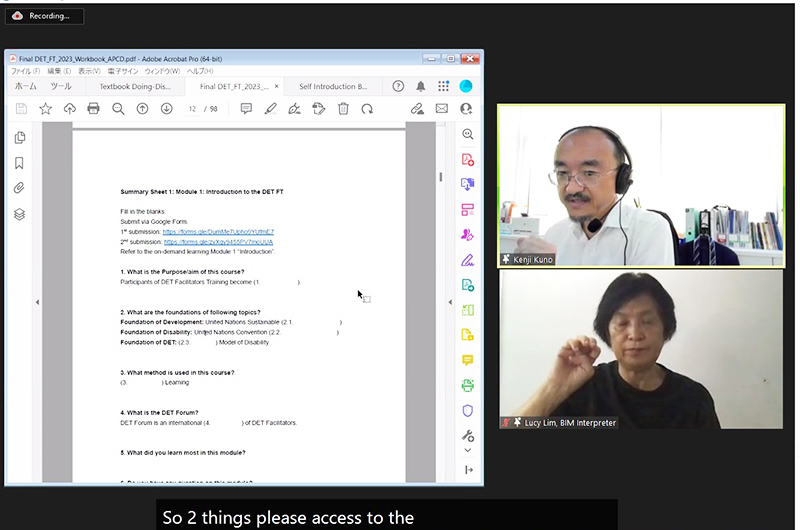 Dr. Kenji Kuno, APCD disability and development advisor and JICA senior advisor, leads the session with the support of DET tutors with disabilities.
