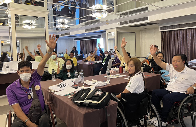 A group of participants were exchanging ideas and actively participating in the session and the session well encourage persons with disabilities to become agents of change in creating a more inclusive society.
