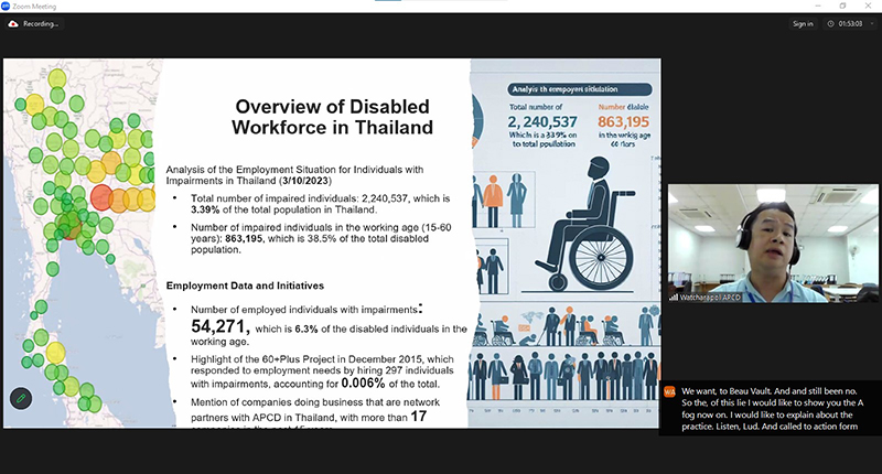 Mr. Watcharapol Chuengcharoen, Chief of Networking and Collaboration, APCD presented the 60+ program as a successful example of inclusive employment in Thailand.