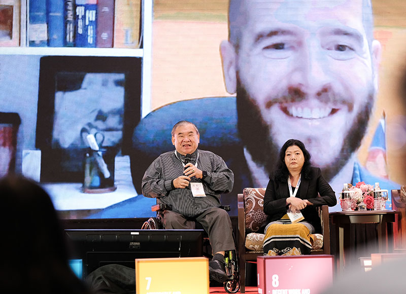 Mr. Chayoot Homdee, Community Development Officer, delivering youth perspective during Session 5, alongside with UNESCAP Officer Ms. Tingting Chen, Indonesian disability advocate Ms. Revita Alvi, and Dr. Lim Puay Tiak, vice chair of ADF as Moderator.