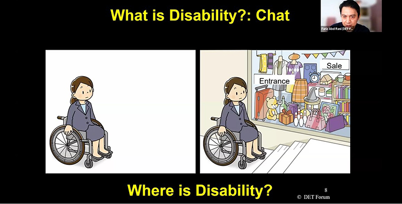 Mr. Fariz Abd Rani วิทยากร DET จากประเทศมาเลเซียดำเนินการอบรมแก่ผู้เข้ารับการอบรมจากภูมิภาคเอเชียแปซิฟิก ในส่วนของ “ความพิการคืออะไร”