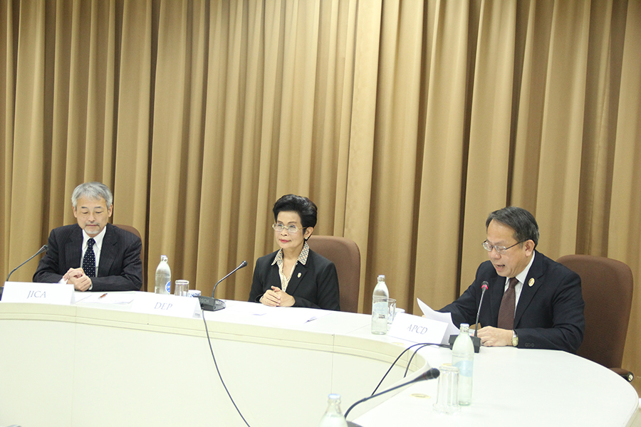 Mr. Piroon Laismit, APCD Executive Director; Mr. Morita Takahiro, Chief Representative, JICA Thailand Office; Ms. Saranpat Anumatrajkij, Director General, Department of Empowerment of Persons with Disabilities delivering the opening remarks for the opening program at APCD Zoom station. 