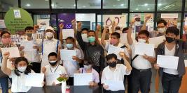 Fifteen trainees who completed a fifteen-day training program posed for a photo with a resource person from the Thai Yamazaki firm and project staff.