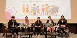 A group photo of panelist from the right to left: representative from Disabilities Thailand (DTH), Department of Empowerment of Persons with Disabilities (DEP), Special Education Bureau (SEB), and Mr. Chayoot Homdee, Community Development Officer, as a representative from APCD and the moderator from National Human Rights Commissioner of Thailand (Left).