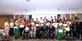 Group photo of participants, resource person, JICA, TICA, and APCD at the closing ceremony of the TCTP-DIDRR Course 3 on Facilitation for Change and Social Media Production on Promoting DIDRR on January 26th, 2024, at Best Western Chatuchak Hotel, Bangkok, Thailand.