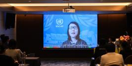 Photo 1: Ms. Cai Cai, Chief, Gender Equality and Social Inclusion Section, Social Development Division, United Nations Economic and Social Commission for Asia and the Pacific, delivers welcoming remarks via a recorded video message during the opening program.