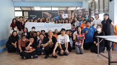 Representatives from three hotels and persons with intellectual disabilities pose for a photo together at the Association For Parents Of Person With Intellectual Disability Of Thailand (APID).