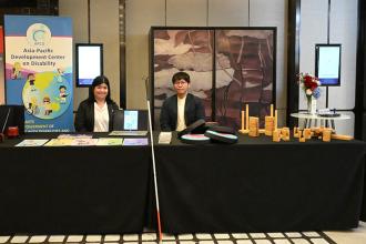 APCD Booth presented Disability-Inclusive Sports and Disability-Inclusive Disaster Risk Reduction equipments, presented by Ms. Supaanong Panyasirimongkol, APCD Networking & Collaboration Officer and Mr. Panomkorn Prasitsuparoph, APCD Administrative Officer