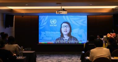 Photo 1: Ms. Cai Cai, Chief, Gender Equality and Social Inclusion Section, Social Development Division, United Nations Economic and Social Commission for Asia and the Pacific, delivers welcoming remarks via a recorded video message during the opening program.